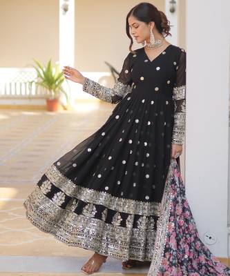 Black faux georgette embroidered anarkali set with dupatta 1