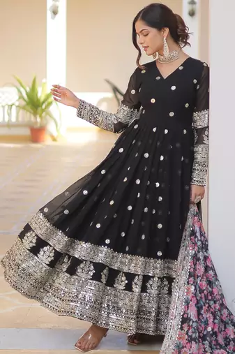 Black faux georgette embroidered anarkali set with dupatta