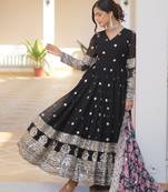 Black faux georgette embroidered anarkali set with dupatta