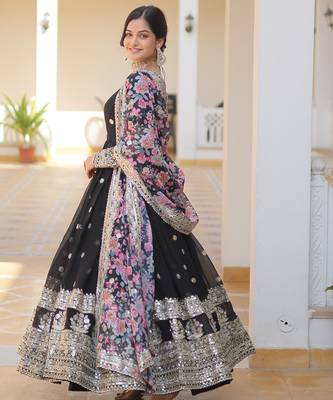 Black faux georgette embroidered anarkali set with dupatta 3