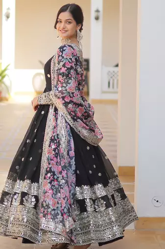 Black faux georgette embroidered anarkali set with dupatta