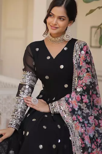 Black faux georgette embroidered anarkali set with dupatta