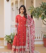 Orange faux georgette embroidered anarkali set with dupatta