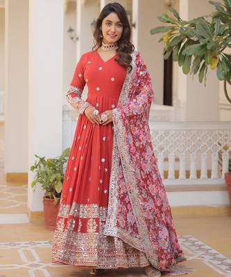 Orange faux georgette embroidered anarkali set with dupatta 2