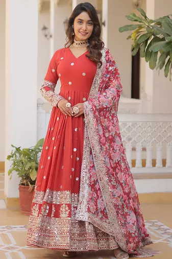 Orange faux georgette embroidered anarkali set with dupatta