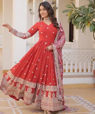 Orange faux georgette embroidered anarkali set with dupatta 3