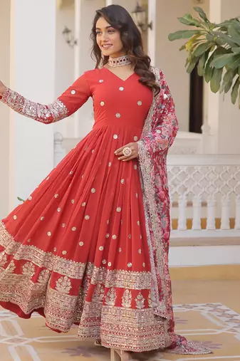 Orange faux georgette embroidered anarkali set with dupatta
