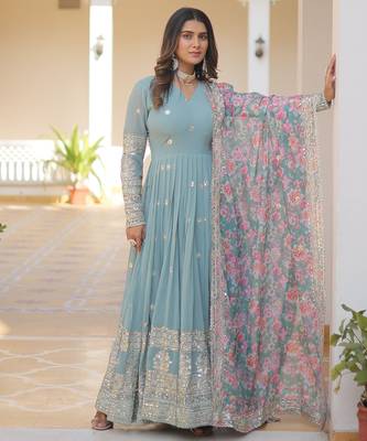 Sky blue faux georgette embroidered anarkali set with dupatta 1