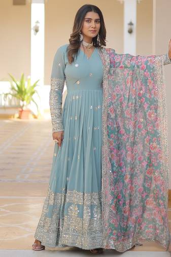 Sky blue faux georgette embroidered anarkali set with dupatta