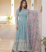 Sky blue faux georgette embroidered anarkali set with dupatta