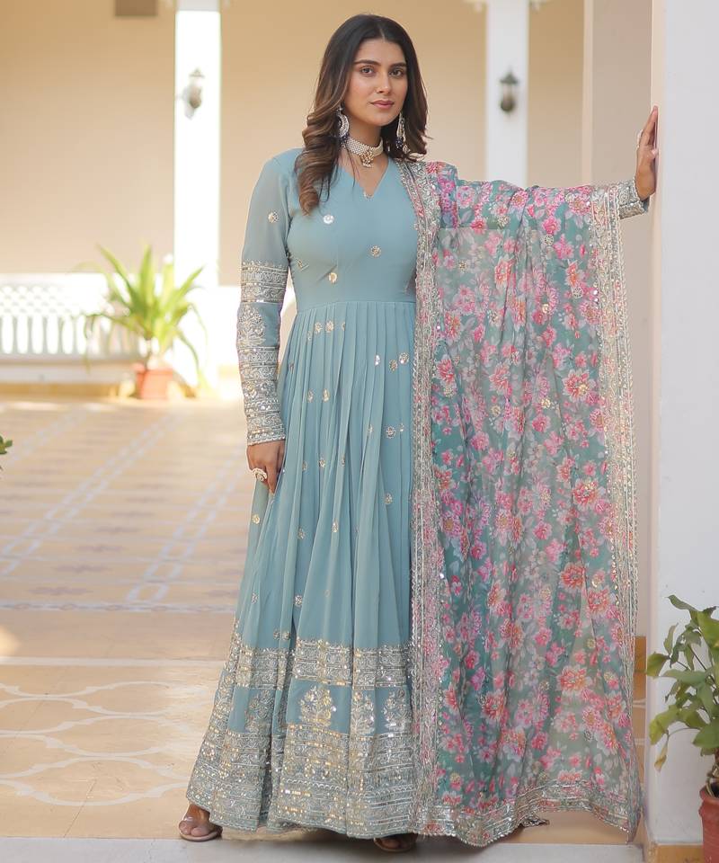 Sky blue faux georgette embroidered anarkali set with dupatta