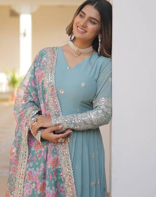 Sky blue faux georgette embroidered anarkali set with dupatta 4