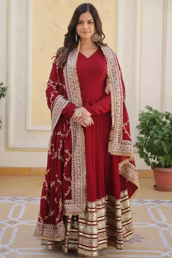 Maroon faux blooming embroidered anarkali set with dupatta