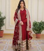 Maroon faux blooming embroidered anarkali set with dupatta