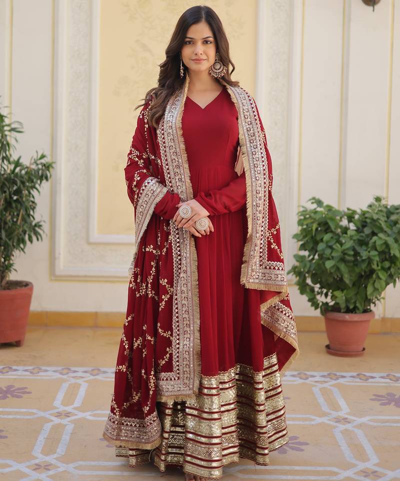 Maroon faux blooming embroidered anarkali set with dupatta