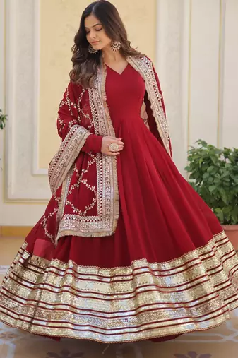 Maroon faux blooming embroidered anarkali set with dupatta