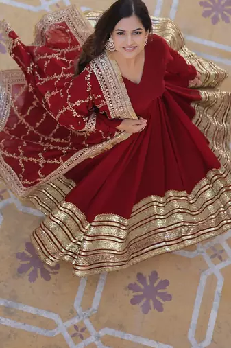 Maroon faux blooming embroidered anarkali set with dupatta