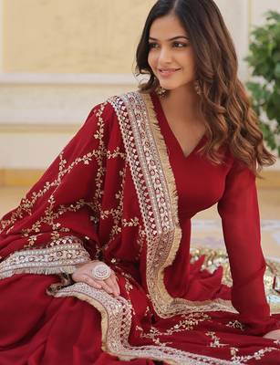 Maroon faux blooming embroidered anarkali set with dupatta 4