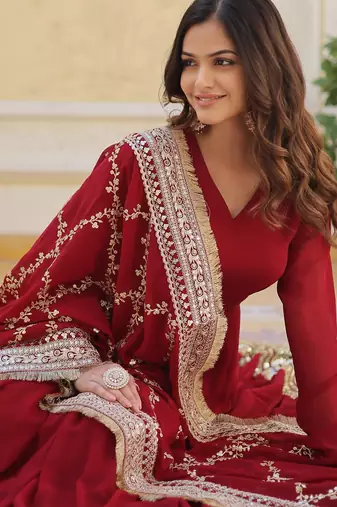 Maroon faux blooming embroidered anarkali set with dupatta