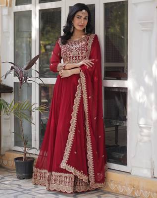 Maroon faux blooming embroidered anarkali set with dupatta 1