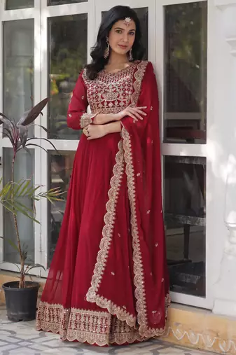 Maroon faux blooming embroidered anarkali set with dupatta