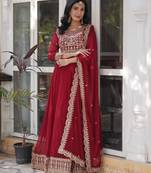 Maroon faux blooming embroidered anarkali set with dupatta