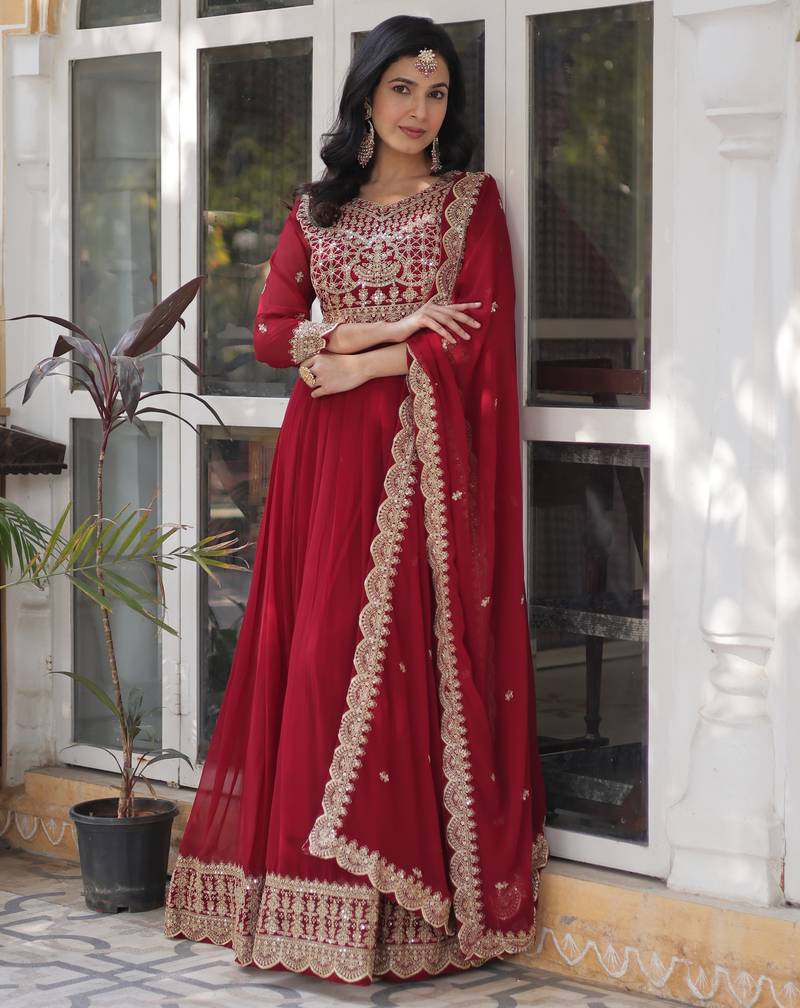 Maroon faux blooming embroidered anarkali set with dupatta