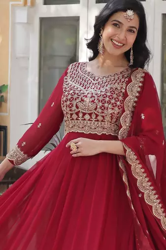 Maroon faux blooming embroidered anarkali set with dupatta
