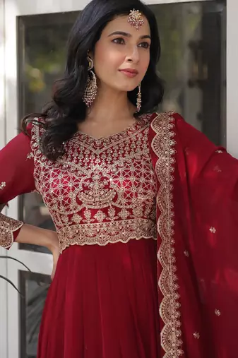 Maroon faux blooming embroidered anarkali set with dupatta