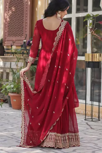 Maroon faux blooming embroidered anarkali set with dupatta