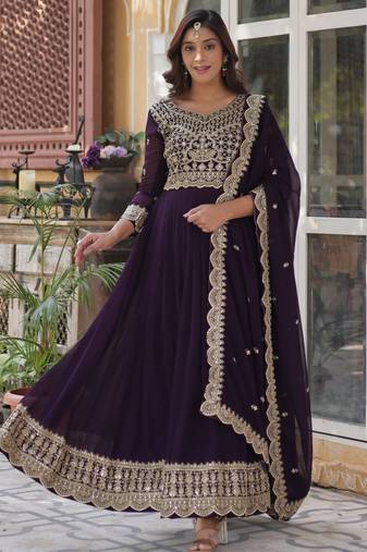 Wine faux blooming embroidered anarkali set with dupatta