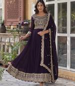 Wine faux blooming embroidered anarkali set with dupatta