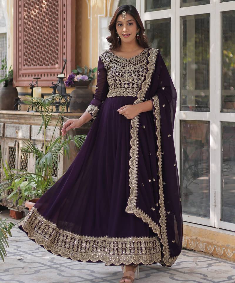 Wine faux blooming embroidered anarkali set with dupatta