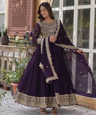Wine faux blooming embroidered anarkali set with dupatta 2
