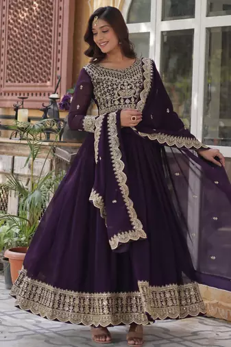 Wine faux blooming embroidered anarkali set with dupatta
