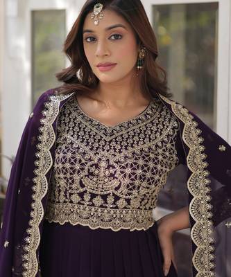 Wine faux blooming embroidered anarkali set with dupatta 3