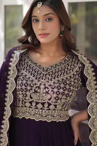 Wine faux blooming embroidered anarkali set with dupatta