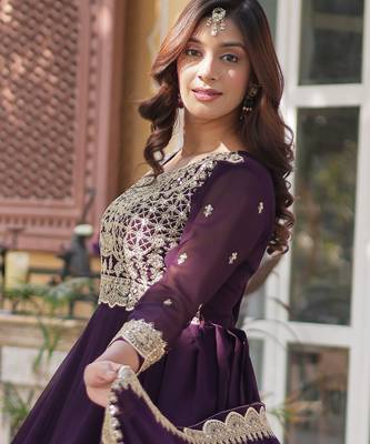 Wine faux blooming embroidered anarkali set with dupatta 4