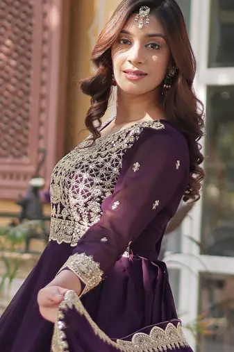 Wine faux blooming embroidered anarkali set with dupatta