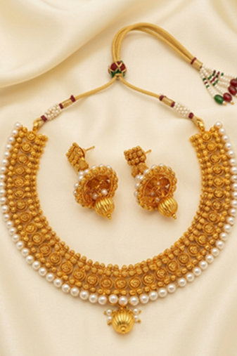 Metallic necklace set with jhumkas
