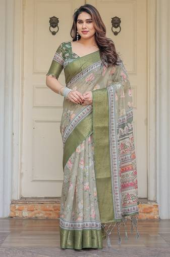 Handloom cotton floral pattern printed saree with 5.5 meter saree & blouse
