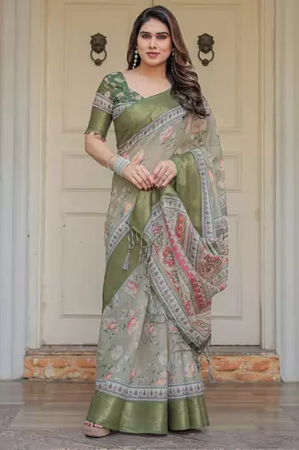 Handloom cotton floral pattern printed saree with 5.5 meter saree & blouse