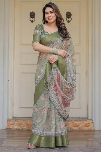Handloom cotton floral pattern printed saree with 5.5 meter saree & blouse