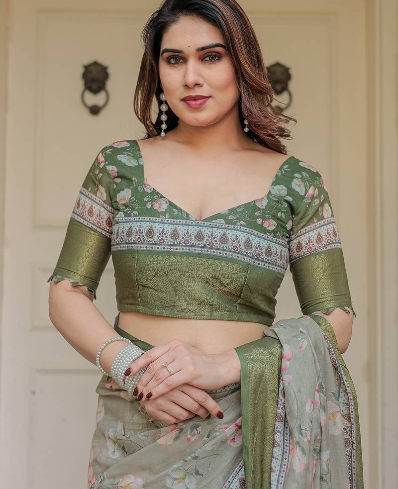 Handloom cotton floral pattern printed saree with 5.5 meter saree & blouse
