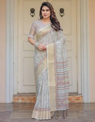 Soft & comfortable handloom cotton floral printed saree with blouse 1