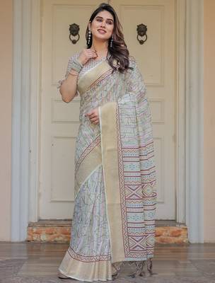 Soft & comfortable handloom cotton floral printed saree with blouse 2