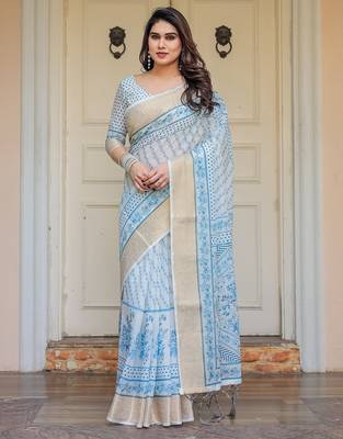 Party wear handloom cotton floral printed saree with blouse fabric 1