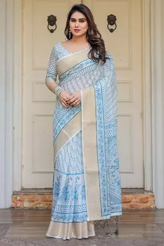 Party wear handloom cotton floral printed saree with blouse fabric
