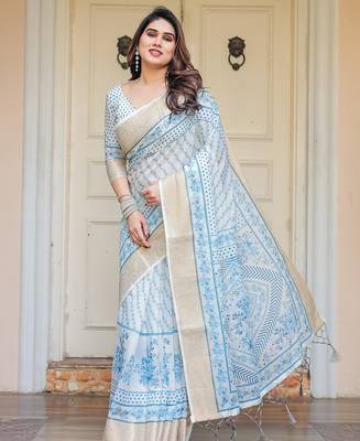 Party wear handloom cotton floral printed saree with blouse fabric 2