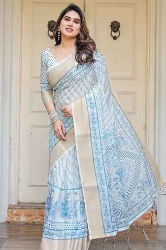 Party wear handloom cotton floral printed saree with blouse fabric